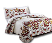 DaDa Bedding Casablanca Garden Mediterranean Floral Red & White Quilted Bedspread Set (HS-11130) - DaDa Bedding Collection