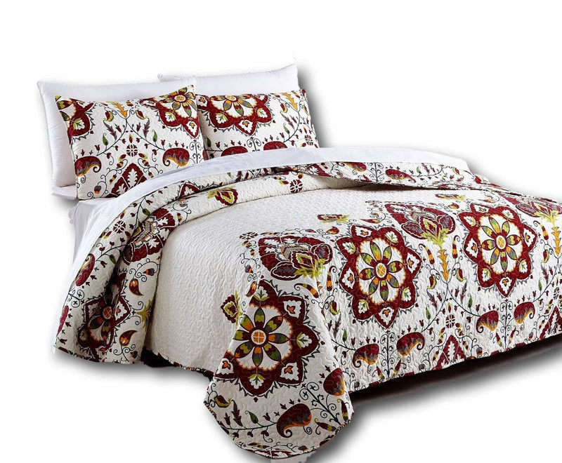DaDa Bedding Casablanca Garden Mediterranean Floral Red & White Quilted Bedspread Set (HS-11130) - DaDa Bedding Collection