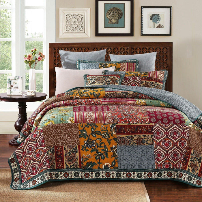 DaDa Bedding Dark Elegance Bohemian Floral Cotton Patchwork Bedspread Set (JHW-550) - DaDa Bedding Collection