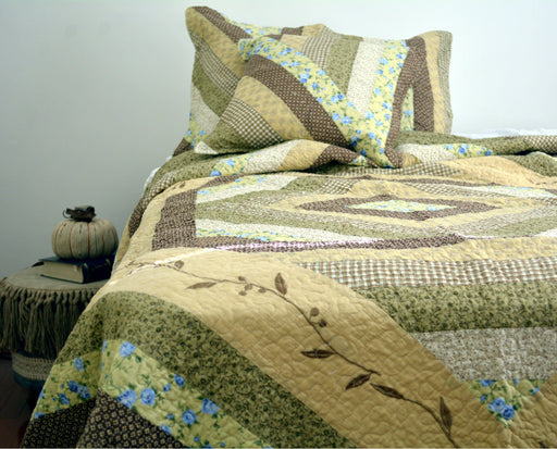 DaDa Bedding Evergreen Garden Floral Patchwork Quilted Bedspread Set, Twin, 3-PCS (DXJ101080-1) - DaDa Bedding Collection