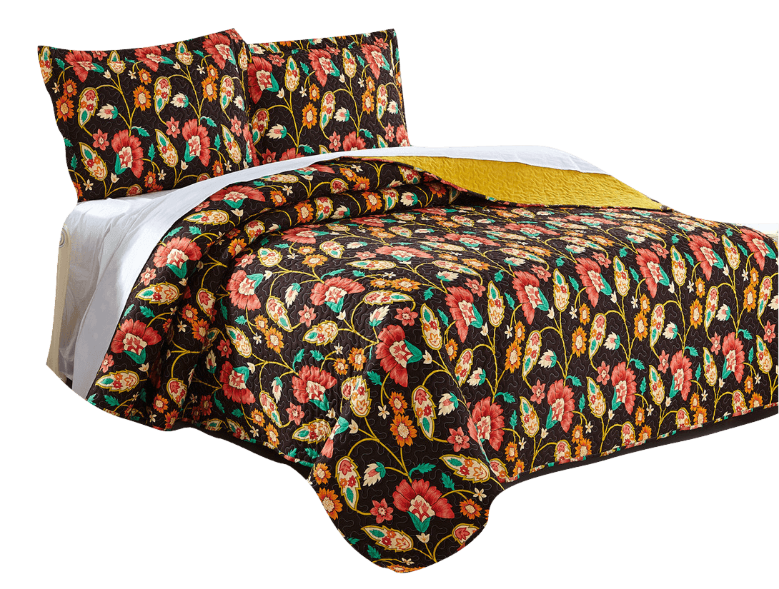 DaDa Bedding Marigold’s Floral Brown Yellow Botanical Garden Quilted Bedspread Set (HS-3330) - DaDa Bedding Collection