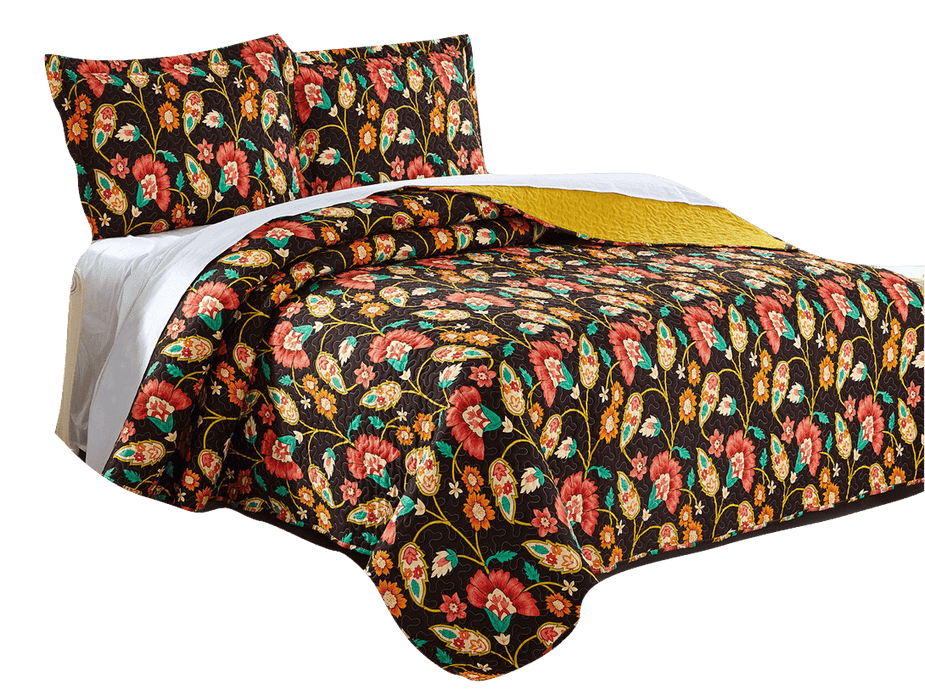 QUILT - DaDa Bedding Marigold’s Floral Brown & Yellow Autumn Garden Bohemian Quilted Bedspread Set (HS-3330) - DaDa Bedding Collection