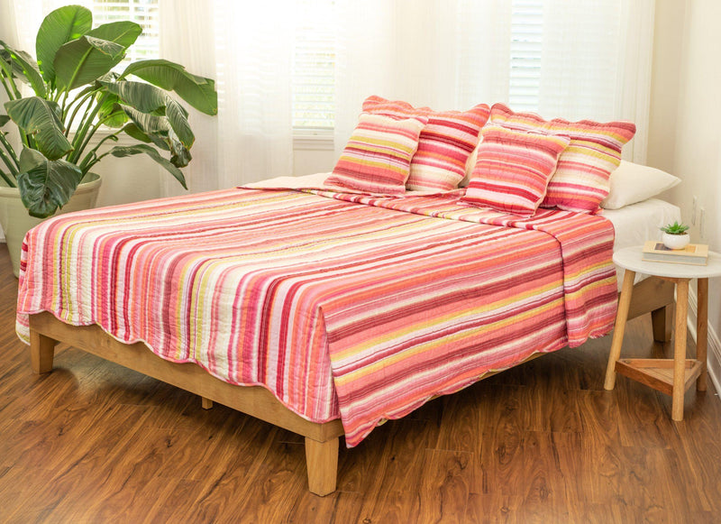 DaDa Bedding Multi-Red Pink Boho Summer Stripes Scalloped Lightweight Coverlet Bedspread Set (DXJ101824) - DaDa Bedding Collection