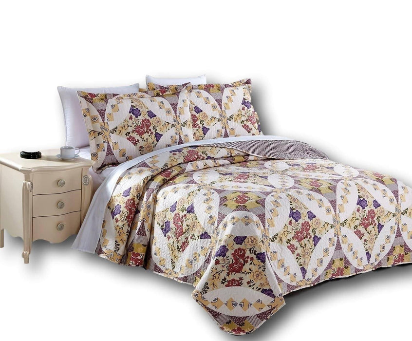 QUILT - DaDa Bedding Wisteria Roses Floral Elegant Bohemian Patchwork Quilted Bedspread Set (HS-1003) - DaDa Bedding Collection