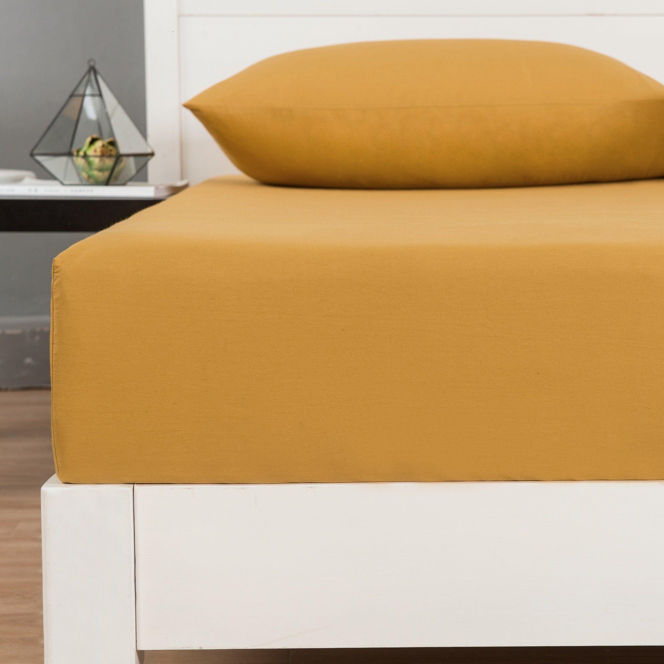 DaDa Bedding Honey Yellow Poplin Cotton Fitted Sheet w/ Pillow Cases (JHW-550-Fitted) - DaDa Bedding Collection