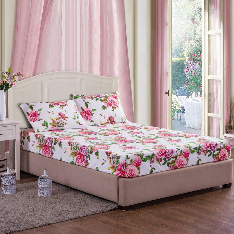 DaDa Bedding Romantic Roses Lovely Spring Pink Floral Fitted Bed Sheet w/ Pillow Cases (JHW879-Fitted) - DaDa Bedding Collection