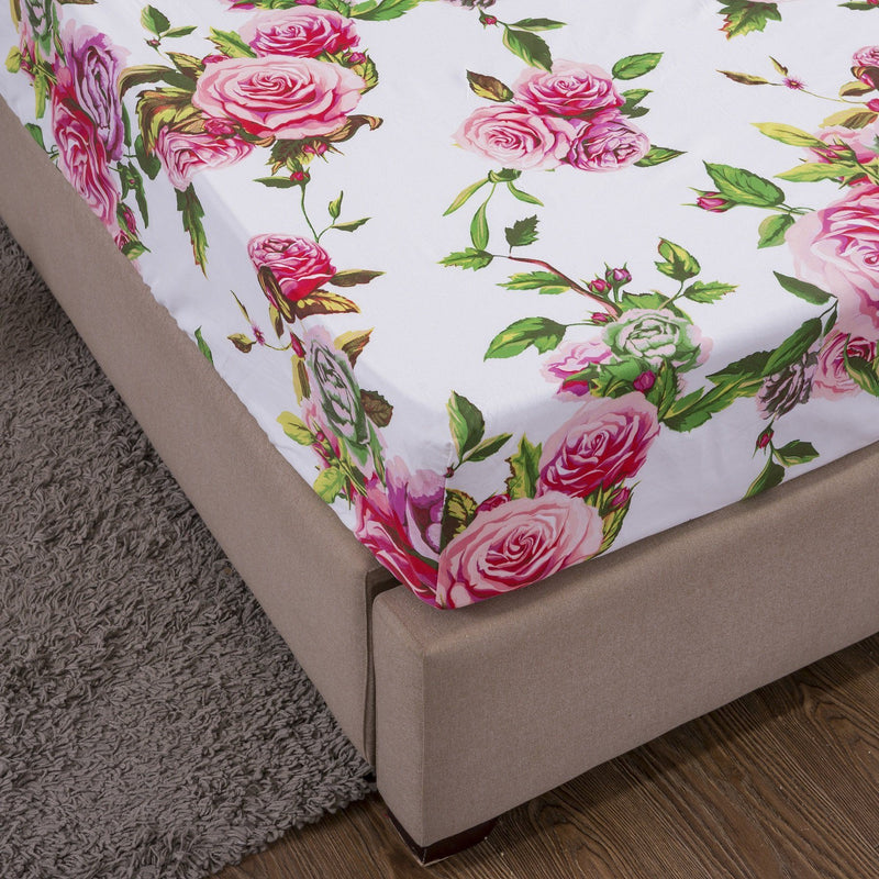 DaDa Bedding Romantic Roses Lovely Spring Pink Floral Fitted Bed Sheet w/ Pillow Cases (JHW879-Fitted) - DaDa Bedding Collection