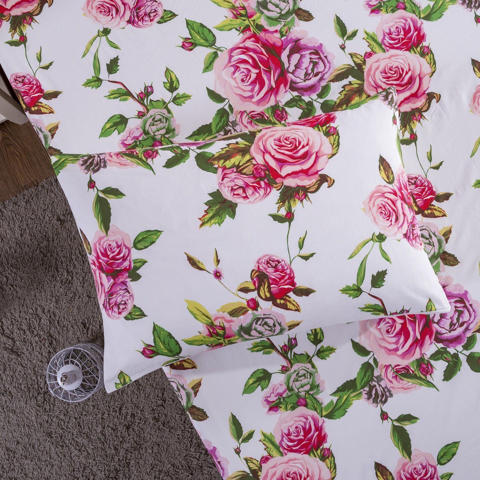 DaDa Bedding Romantic Roses Lovely Spring Pink Floral Fitted Bed Sheet w/ Pillow Cases (JHW879-Fitted) - DaDa Bedding Collection