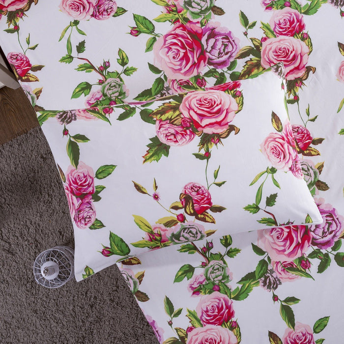 DaDa Bedding Romantic Roses Lovely Spring Pink Floral Fitted Bed Sheet w/ Pillow Cases (JHW879-Fitted) - DaDa Bedding Collection