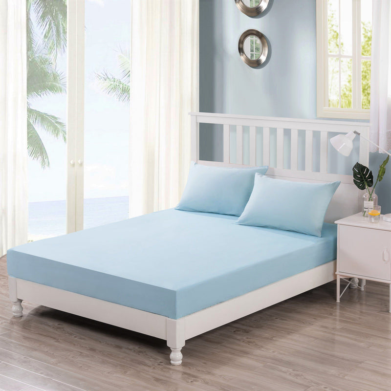 DaDa Bedding Soothing SeaFoam Sky Blue Cotton Fitted Bed Sheet w/Pillow Cases (JHW604) - DaDa Bedding Collection