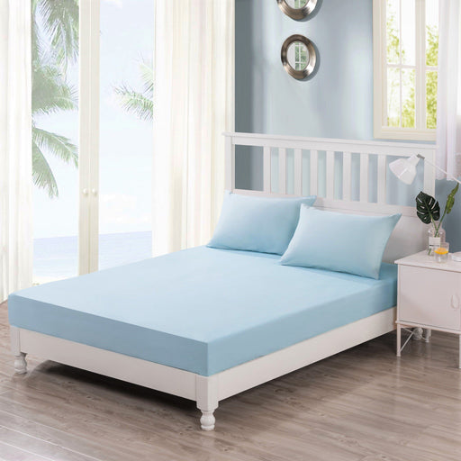 DaDa Bedding Soothing SeaFoam Sky Blue Cotton Fitted Bed Sheet w/Pillow Cases (JHW604) - DaDa Bedding Collection
