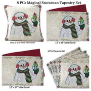 DaDa Bedding Set of 8 Pieces Magical Snowman Holiday Table Tapestry - 4 Placemats, 2 Table Runners, 2 Throw Pillow Covers (9733) - DaDa Bedding Collection