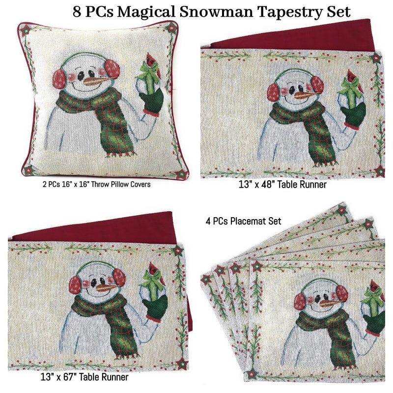 DaDa Bedding Set of 8 Pieces Magical Snowman Holiday Table Tapestry - 4 Placemats, 2 Table Runners, 2 Throw Pillow Covers (9733) - DaDa Bedding Collection