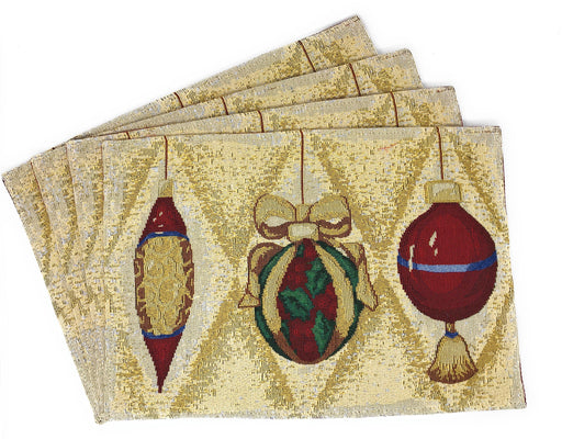 DaDa Bedding Set of 8 Pieces Elegant Christmas Ornaments Table Tapestry - 4 Placemats, 2 Table Runners, 2 Throw Pillow Covers (6139) - DaDa Bedding Collection