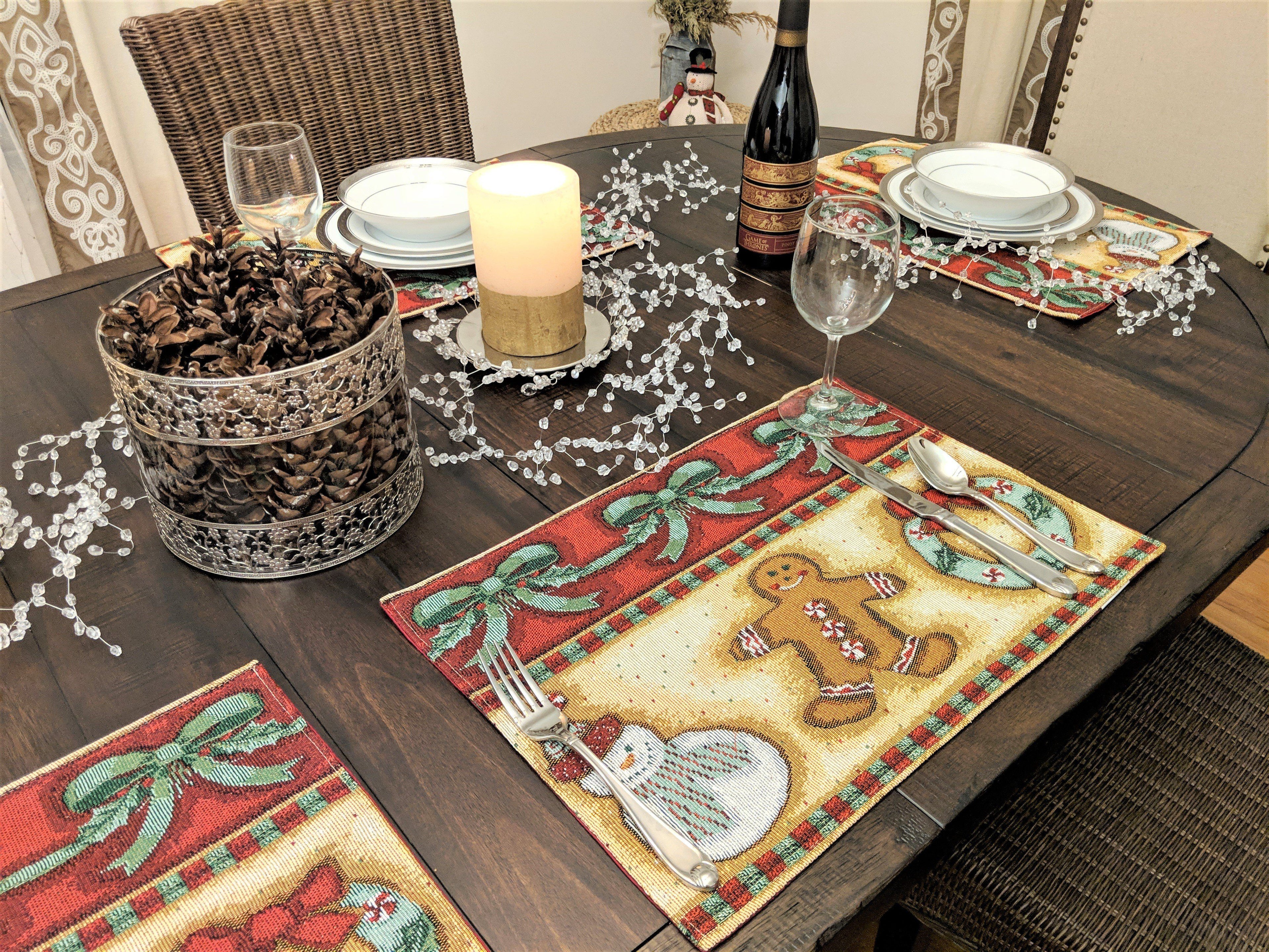 DaDa Bedding Set of 8 Pieces Gingerbread Sweets Holiday Table Tapestry - 4 Placemats, 2 Table Runners, 2 Throw Pillow Covers (12917) - DaDa Bedding Collection