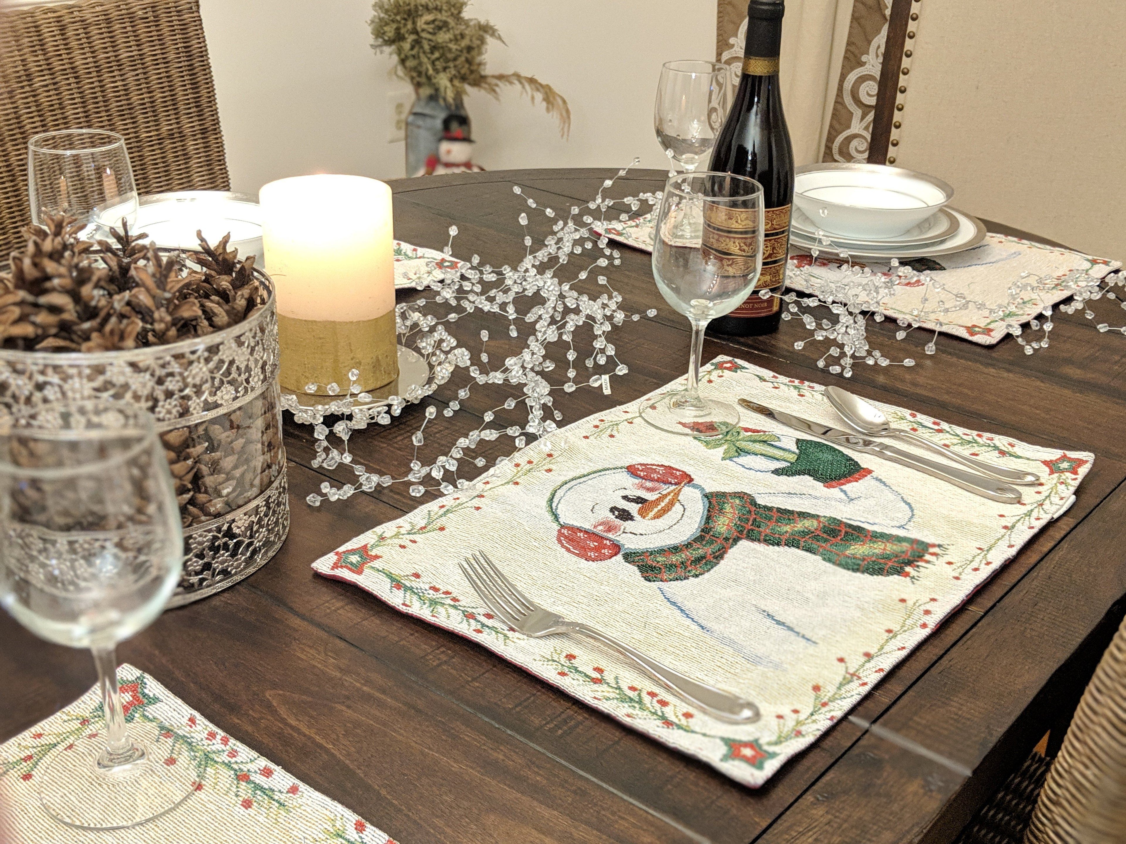 DaDa Bedding Set of 8 Pieces Magical Snowman Holiday Table Tapestry - 4 Placemats, 2 Table Runners, 2 Throw Pillow Covers (9733) - DaDa Bedding Collection