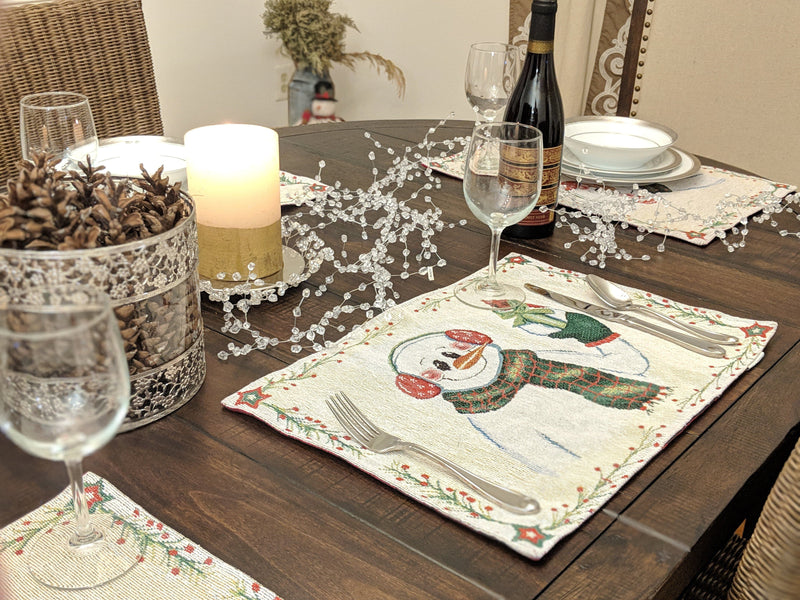 DaDa Bedding Set of 8 Pieces Magical Snowman Holiday Table Tapestry - 4 Placemats, 2 Table Runners, 2 Throw Pillow Covers (9733) - DaDa Bedding Collection