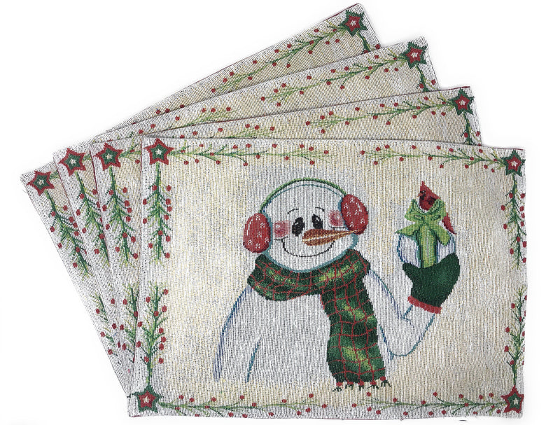 DaDa Bedding Set of 8 Pieces Magical Snowman Holiday Table Tapestry - 4 Placemats, 2 Table Runners, 2 Throw Pillow Covers (9733) - DaDa Bedding Collection