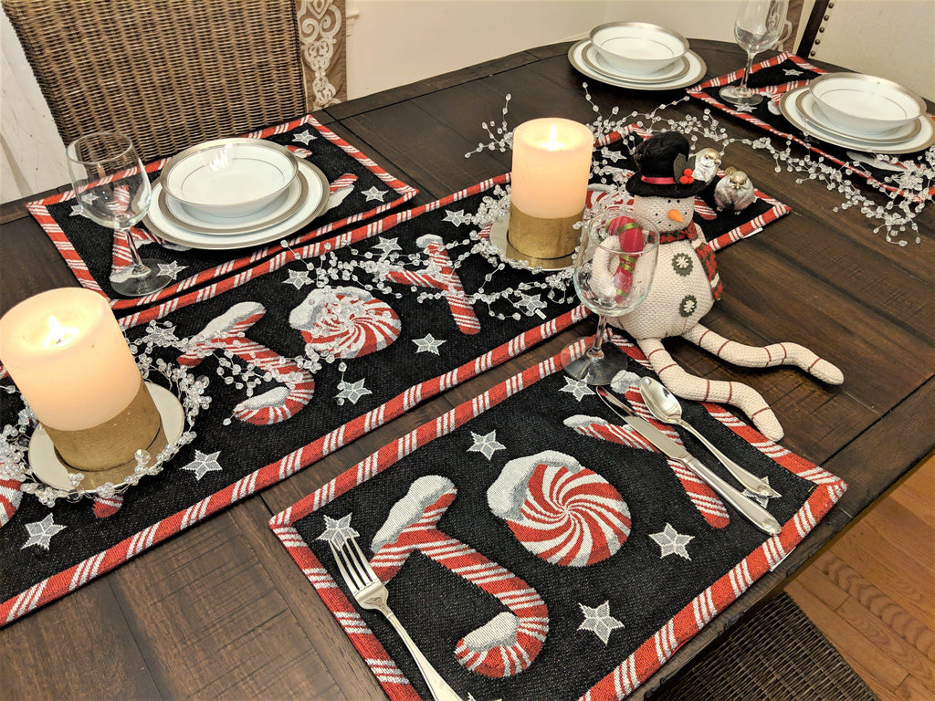 DaDa Bedding Set of 8 Pieces Peppermint Joy Holiday Table Tapestry - 4 Placemats, 2 Table Runners, 2 Throw Pillow Covers (12904) - DaDa Bedding Collection