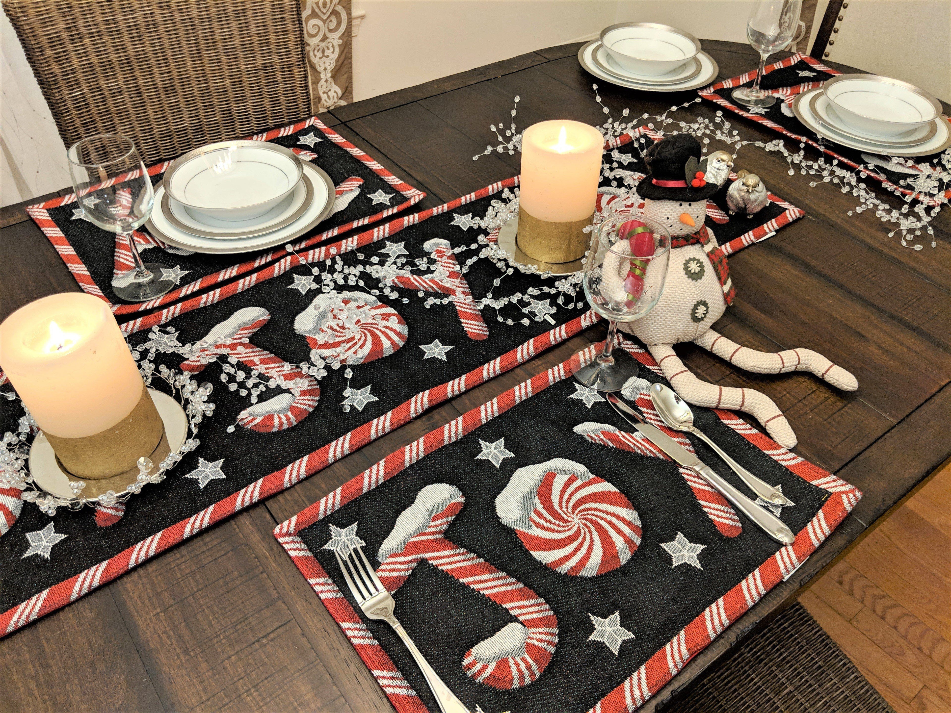 DaDa Bedding Set of 8 Pieces Peppermint Joy Holiday Table Tapestry - 4 Placemats, 2 Table Runners, 2 Throw Pillow Covers (12904) - DaDa Bedding Collection