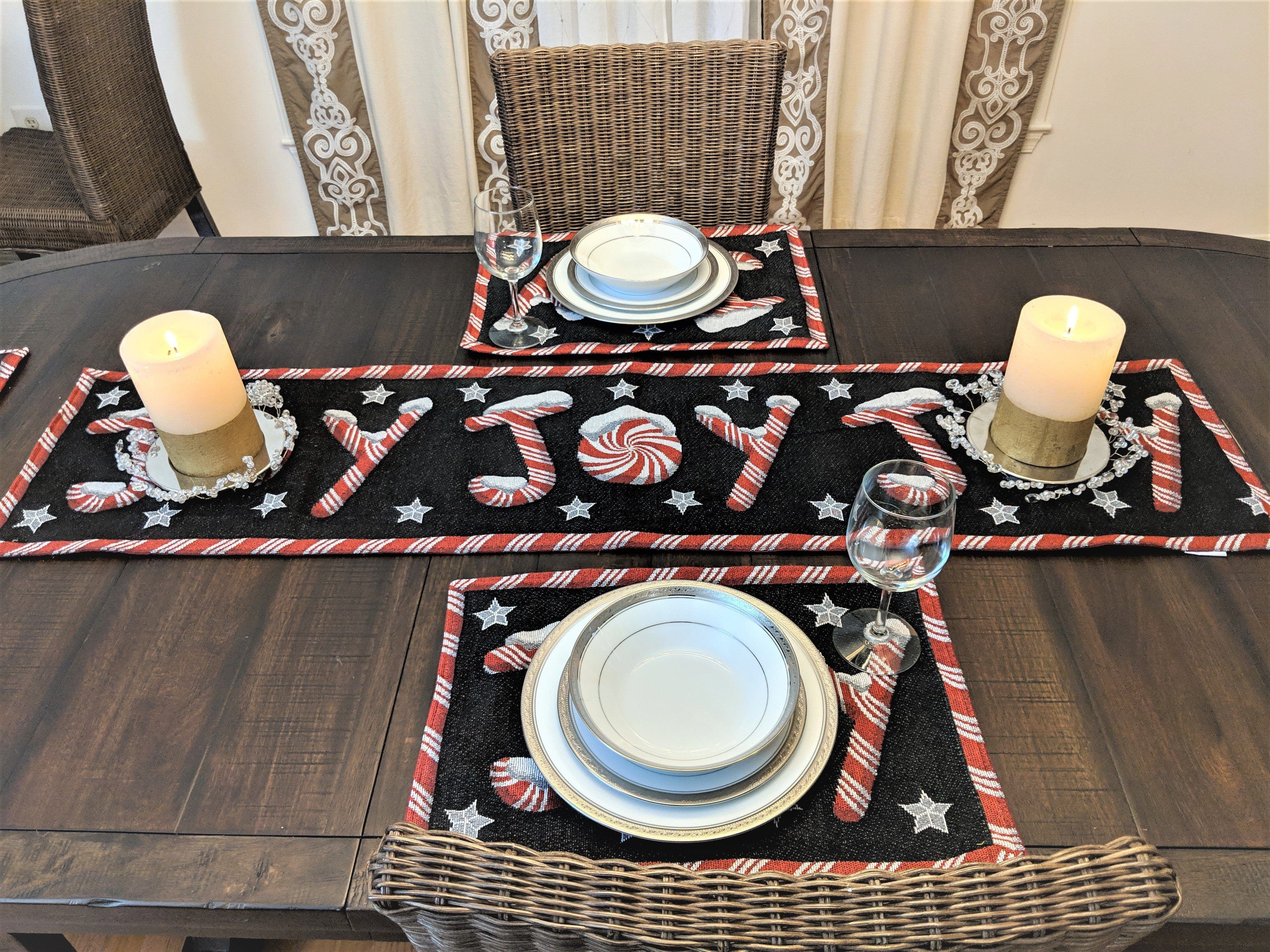 DaDa Bedding Set of 8 Pieces Peppermint Joy Holiday Table Tapestry - 4 Placemats, 2 Table Runners, 2 Throw Pillow Covers (12904) - DaDa Bedding Collection