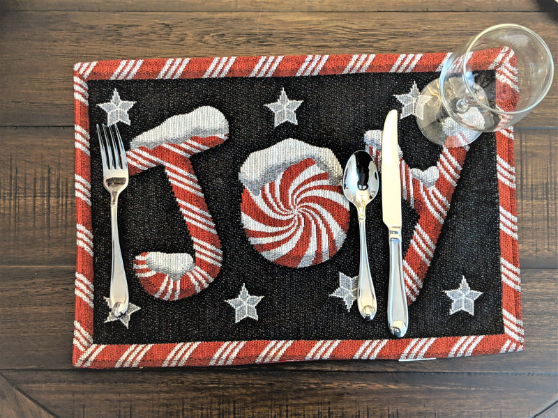 DaDa Bedding Set of 8 Pieces Peppermint Joy Holiday Table Tapestry - 4 Placemats, 2 Table Runners, 2 Throw Pillow Covers (12904) - DaDa Bedding Collection