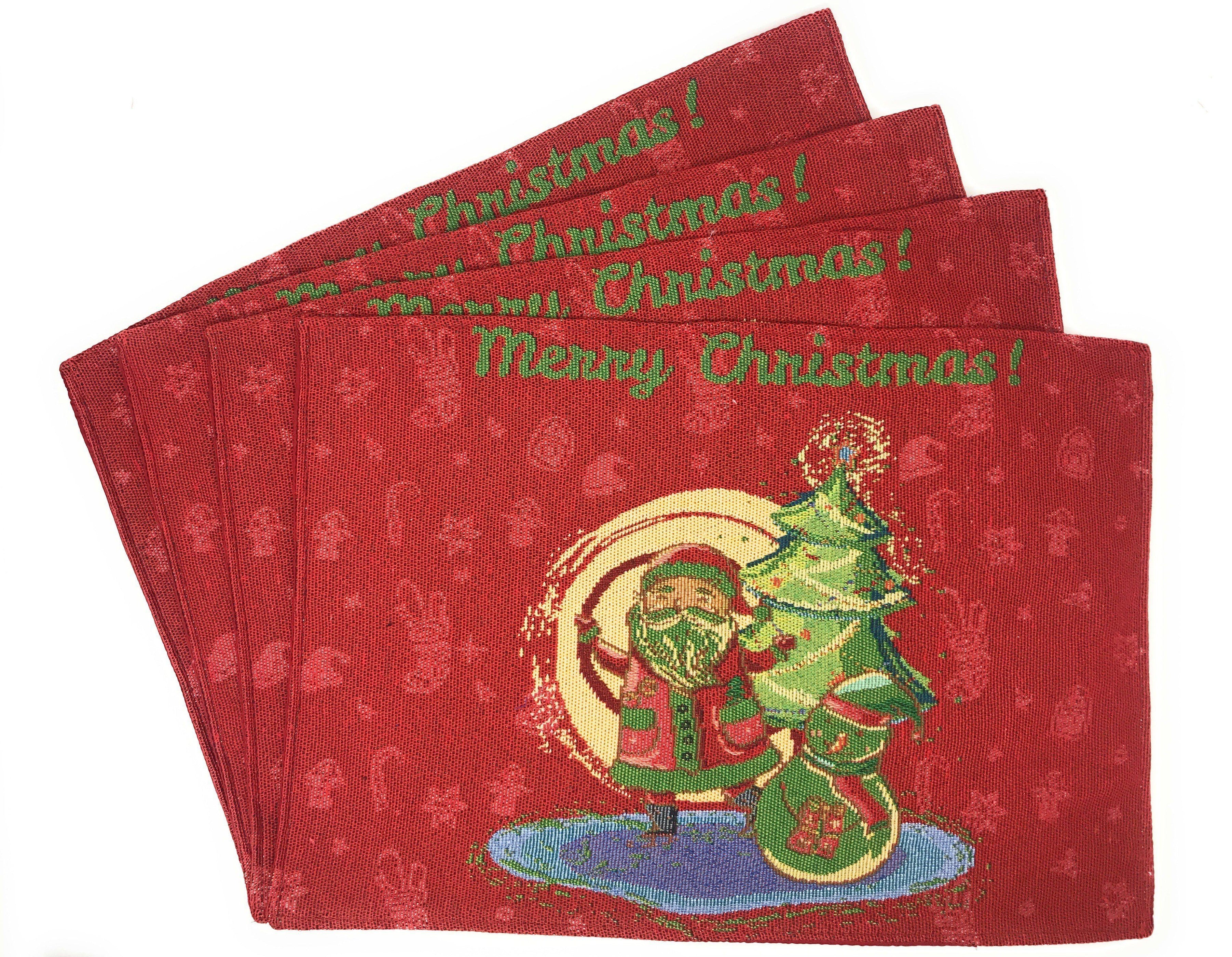 DaDa Bedding Set of 8 Pieces Red Santa Claus Holiday Table Tapestry - 4 Placemats, 2 Table Runners, 2 Throw Pillow Covers (17615)