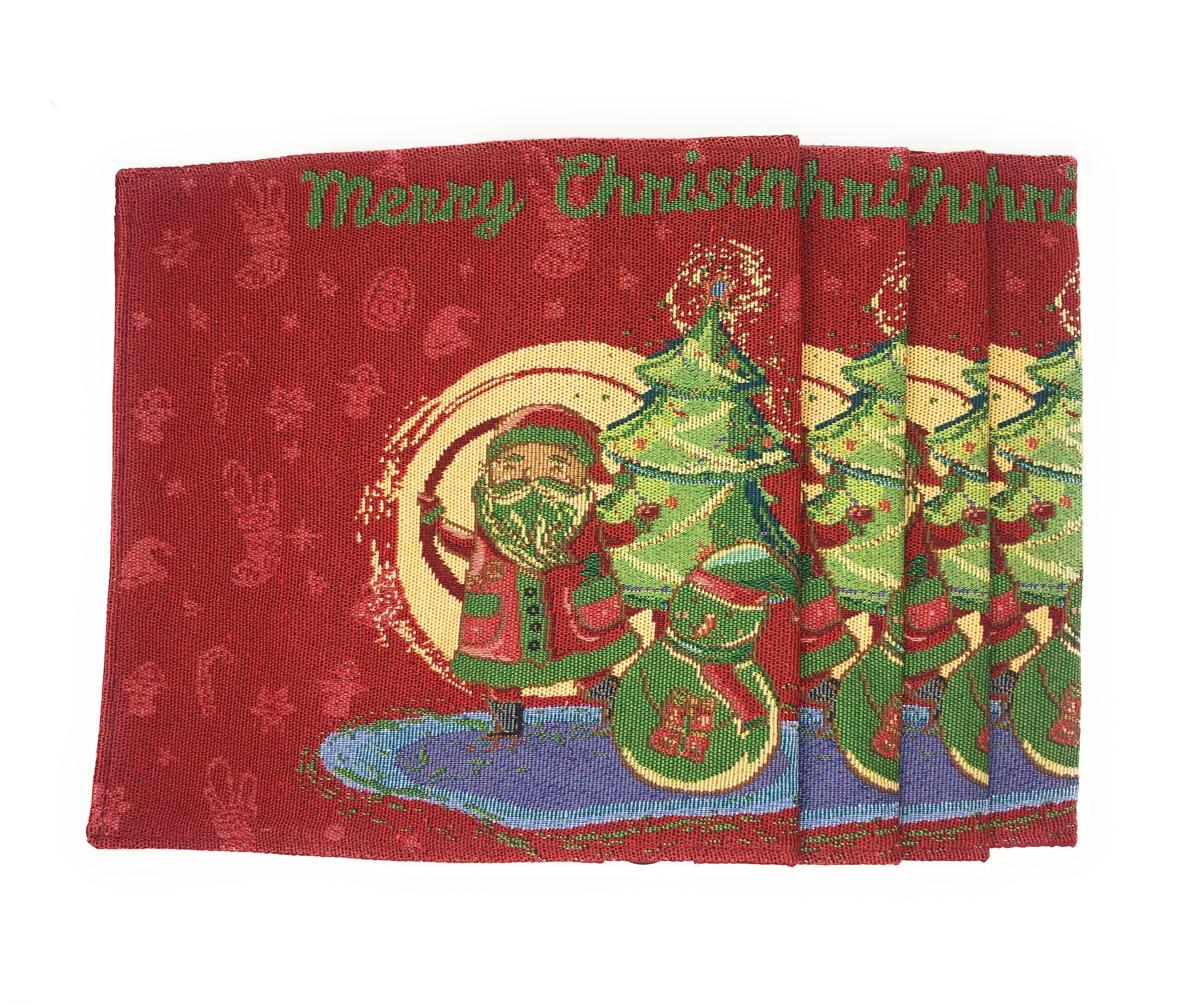 DaDa Bedding Set of 8 Pieces Red Santa Claus Holiday Table Tapestry - 4 Placemats, 2 Table Runners, 2 Throw Pillow Covers (17615) - DaDa Bedding Collection