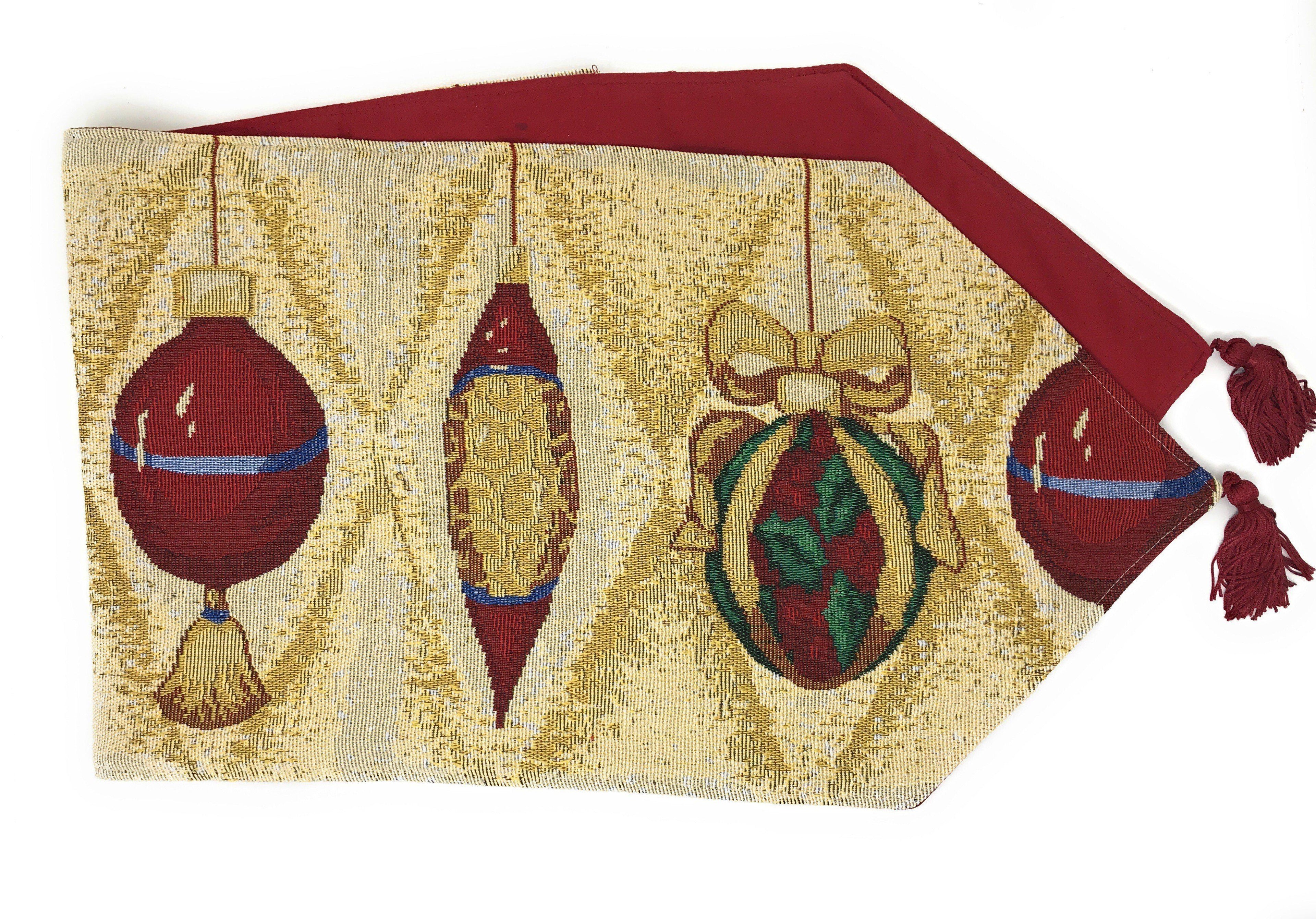 DaDa Bedding Elegant Christmas Ornaments Gold Red Tapestry Dining Table Runner (6139) - DaDa Bedding Collection