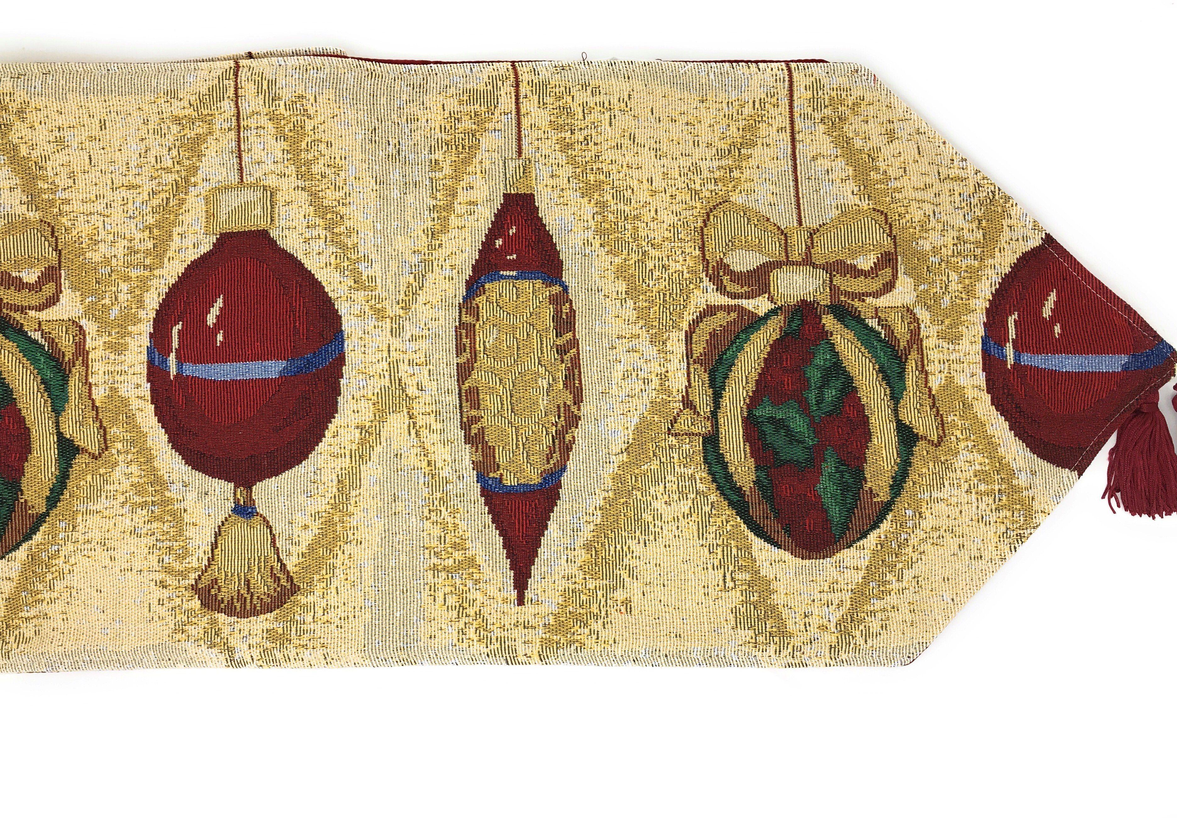 DaDa Bedding Elegant Christmas Ornaments Gold Red Tapestry Dining Table Runner (6139) - DaDa Bedding Collection