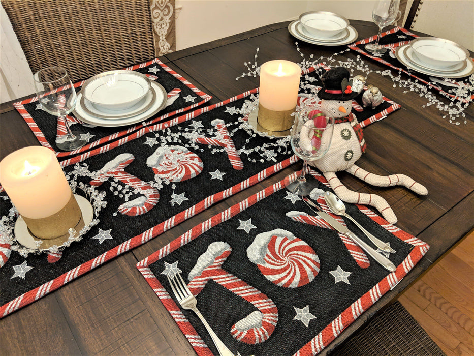 TABLE RUNNER - DaDa Bedding Peppermint Joy Table Runner, Holiday Red Black Stars Tapestry (12904) - DaDa Bedding Collection
