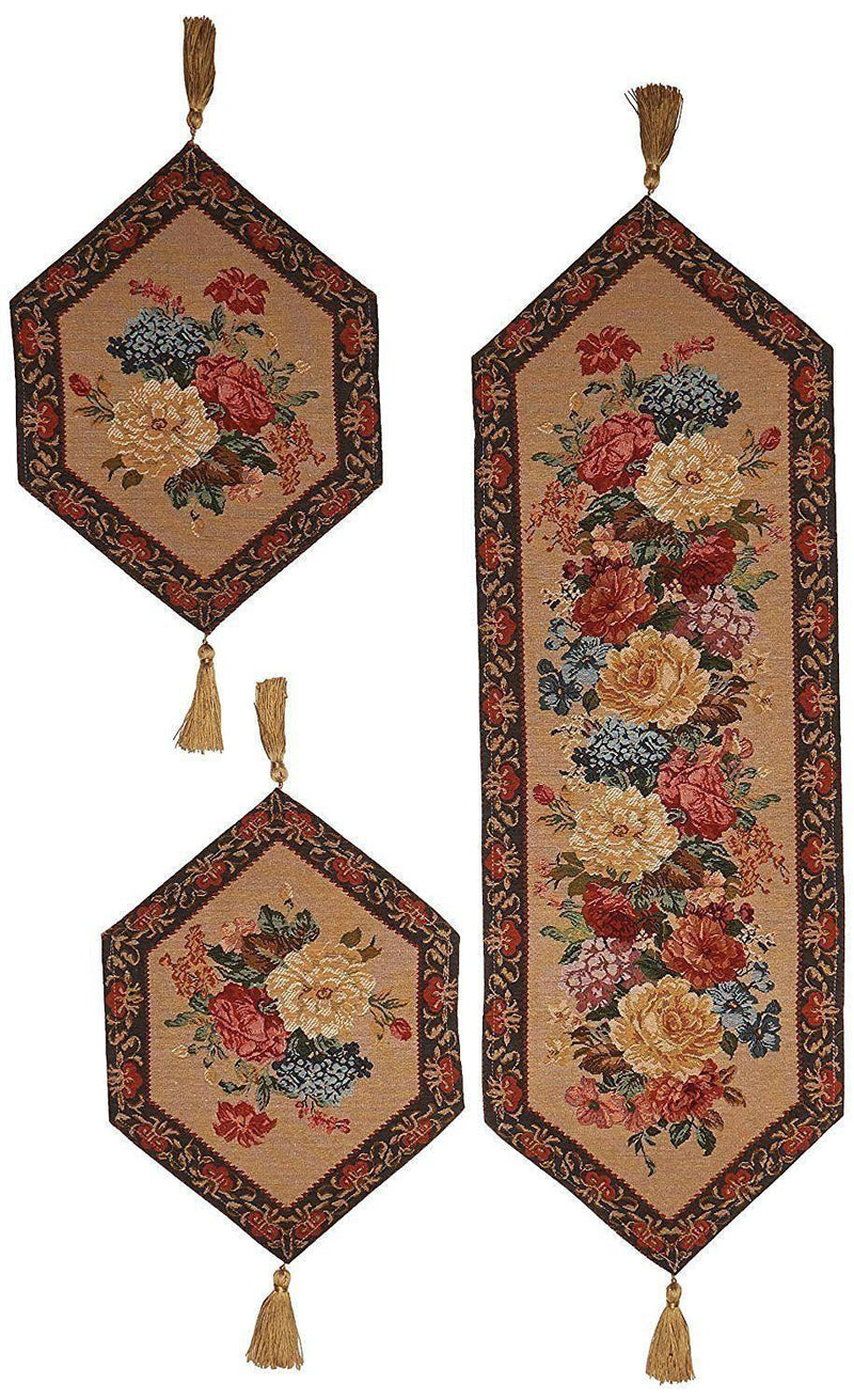 DaDa Bedding Set of 3-Pieces - Breath of Spring Floral Beige Woven Dining Tapestry Table Runners (3089) - DaDa Bedding Collection