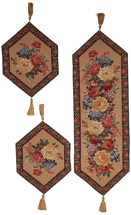 TABLE RUNNER - DaDa Bedding Set of 3 PCs - Breath of Spring Floral Beige Woven Tapestry Table Runners (3089) - DaDa Bedding Collection