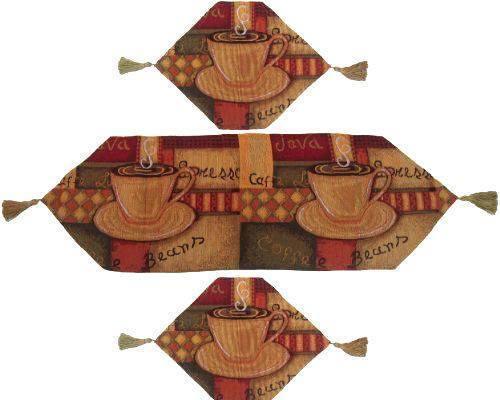 DaDa Bedding Set of 3-Pieces - Smell of Coffee Café Cup Orange Brown Woven Tapestry Dining Table Runners (9912) - DaDa Bedding Collection