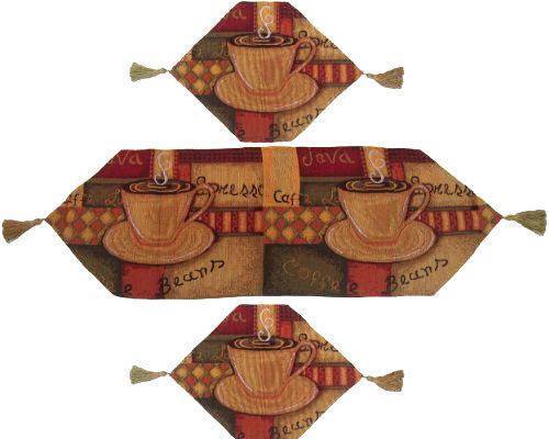 TABLE RUNNER - DaDa Bedding Set of 3 PCs - Smell of Coffee Cafe Cup Woven Tapestry Table Runners (9912) - DaDa Bedding Collection