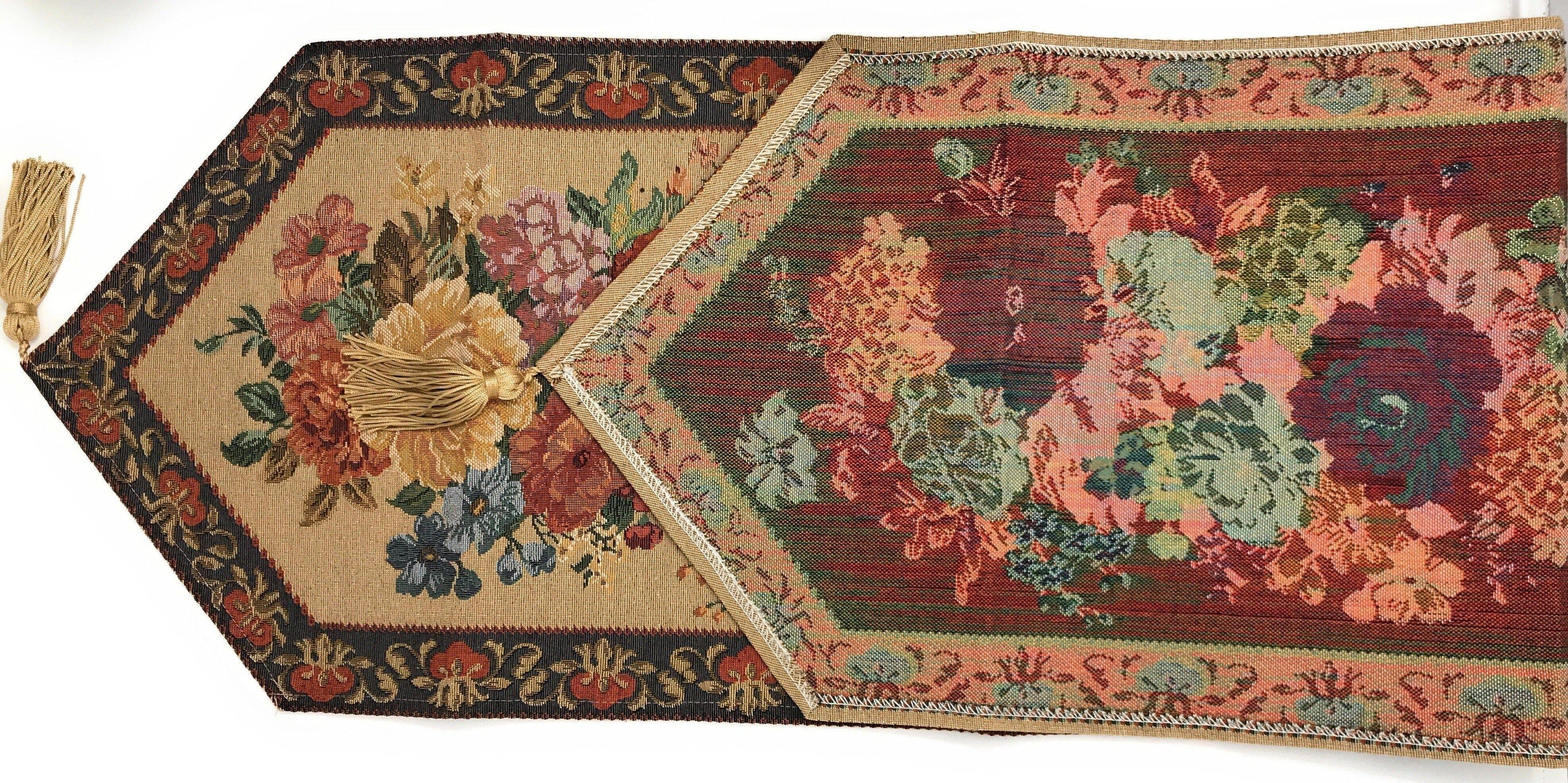 DaDa Bedding Breath of Spring Colorful Floral Beige Brown Tapestry Dining Table Runner (3089) - DaDa Bedding Collection