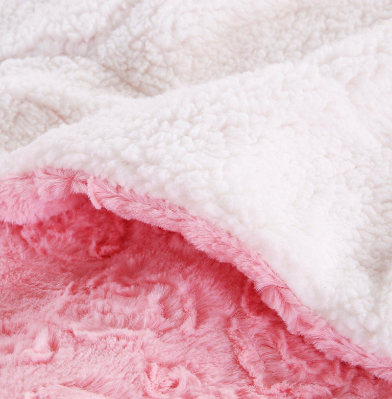 DaDa Bedding Luxury Blossom Pink Rose Buds Pink Sherpa Backside Faux Fur Throw Blanket (BL-171752) - DaDa Bedding Collection