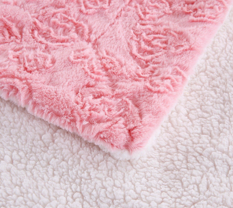 DaDa Bedding Luxury Blossom Pink Rose Buds Pink Sherpa Backside Faux Fur Throw Blanket (BL-171752) - DaDa Bedding Collection