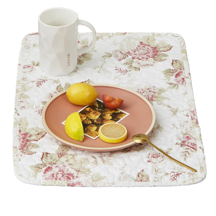 DaDa Bedding Set of 4-Pieces Dainty Cottage Floral Roses Quilted Cotton Dining Table Placemats 13” x 19” (3036)