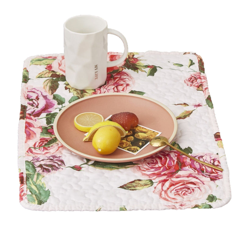 DaDa Bedding Set of 4-Pieces Romantic Roses Pink Floral Quilted Dining Placemats 13” x 19” (879) - DaDa Bedding Collection