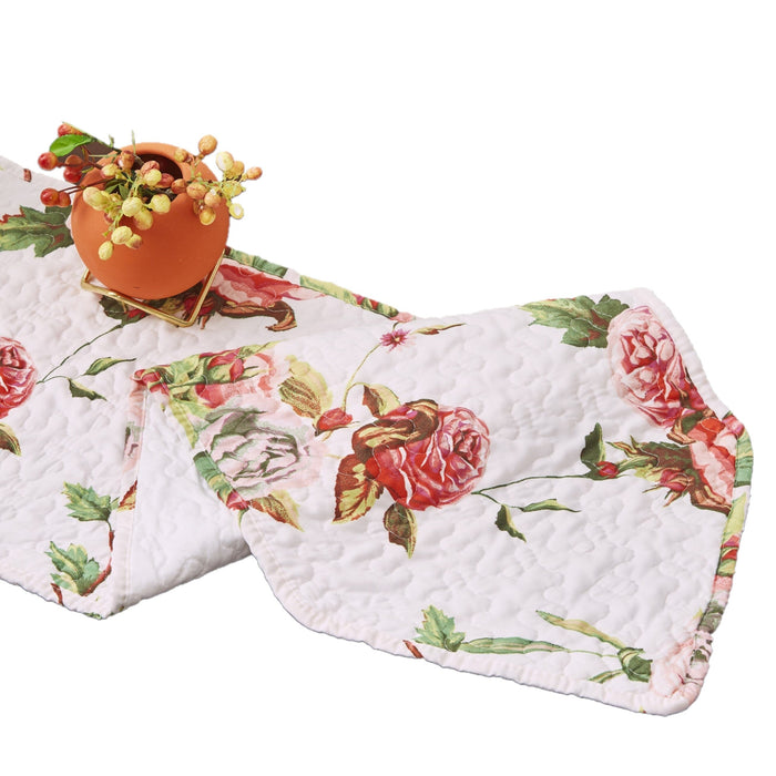 DaDa Bedding Romantic Roses Pink White Lovely Floral Quilted Dining Table Runner (879)