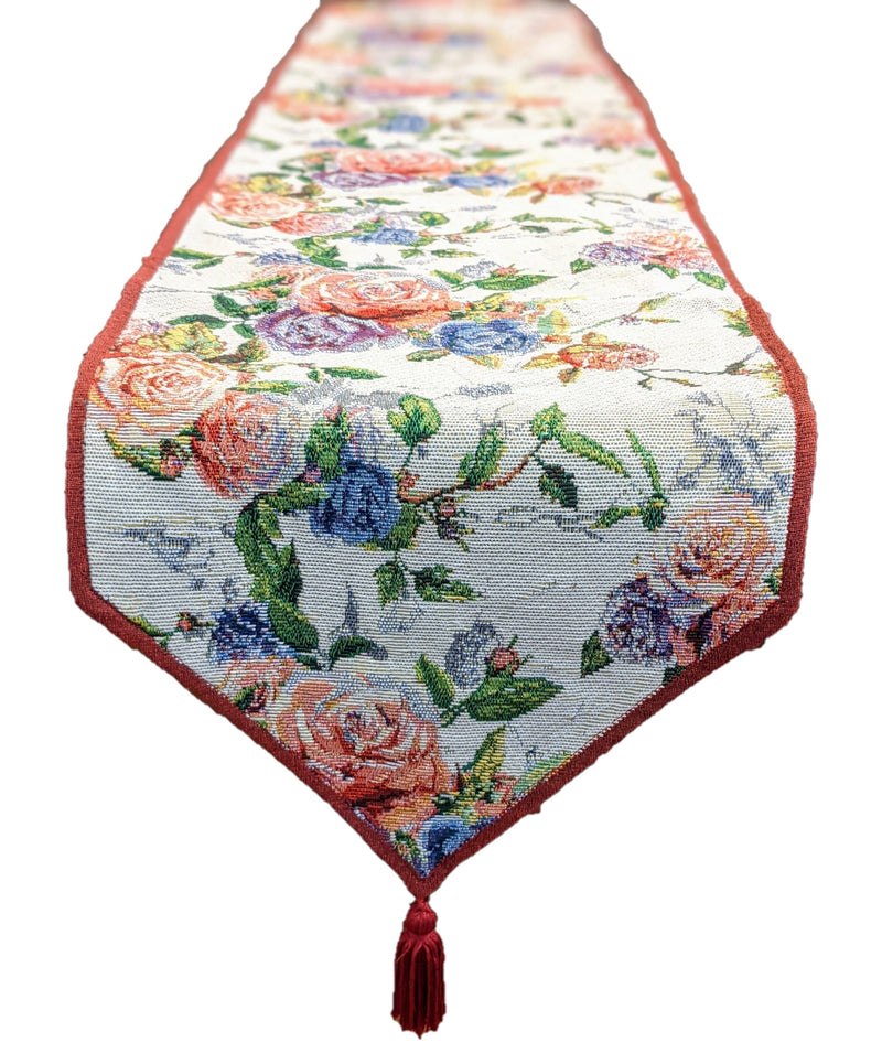 DaDa Bedding Vintage Romantic Roses Lovely Pink Floral Woven Tapestry Dining Table Runner (879) - DaDa Bedding Collection