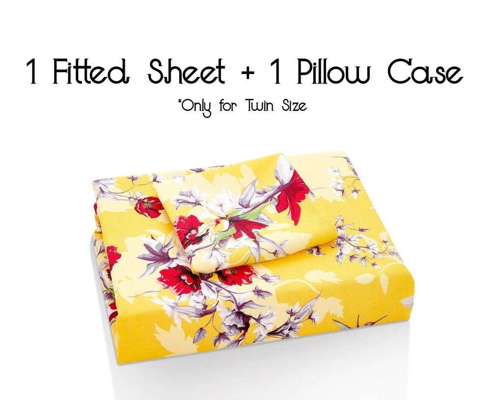 DaDa Bedding Sunshine Yellow Hummingbirds Floral Fitted Bed Sheet w/ Pillow Cases (JHW-925) - DaDa Bedding Collection